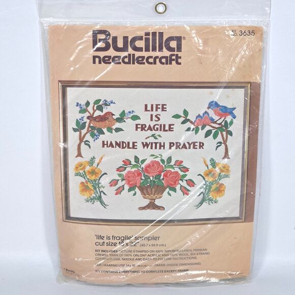 Vintage Bucilla‎ Life Is Fragile Cross Stitch Kit 3635 Needlecraft Sampler Linen - Picture 1 of 11